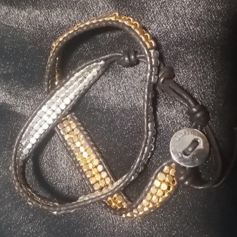 Lulu dharma wrap bracelet gold and silver metal beads strung on brown Leather